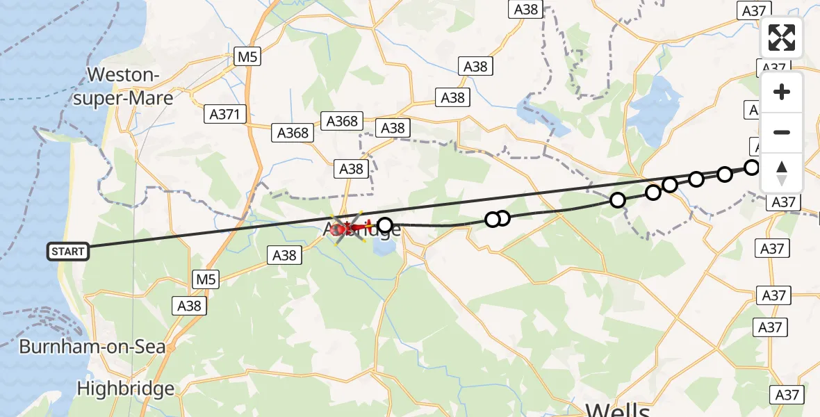 Flight path map showing Air Ambulance Helicopter route from Berrow to Axbridge