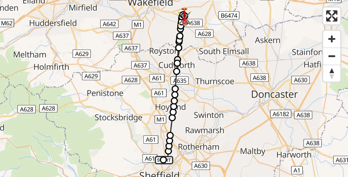 Flight path map showing Air Ambulance Helicopter route from Sheffield Northern Hospital to YAA Nostell Helicopter Port
