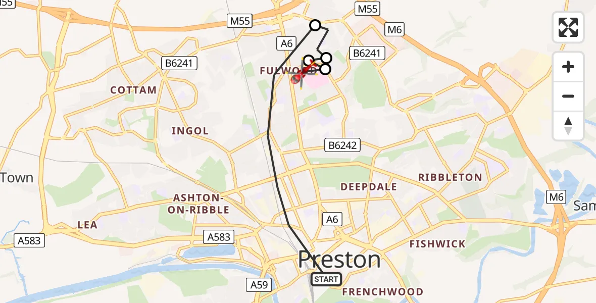 Flight path map showing Air Ambulance Helicopter route from Preston to Preston