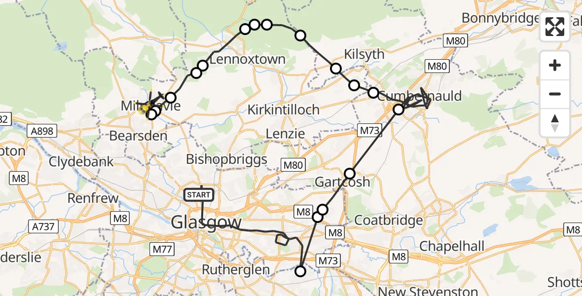 Flight path map showing Police Helicopter route from Glasgow to Glasgow