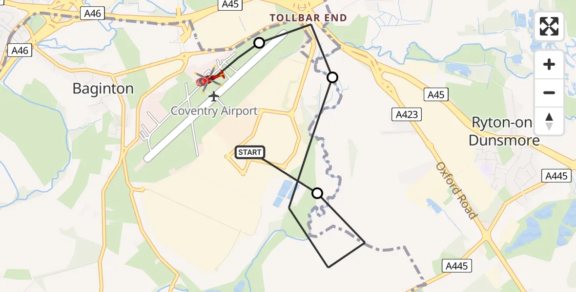 Flight path map showing Air Ambulance Helicopter route from Coventry Airport to Coventry Airport