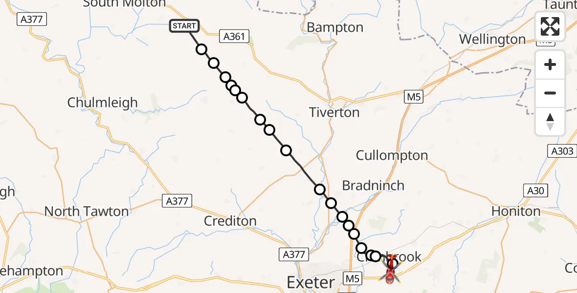 Flight path map showing Air Ambulance Helicopter route from Rose Ash to Rockbeare