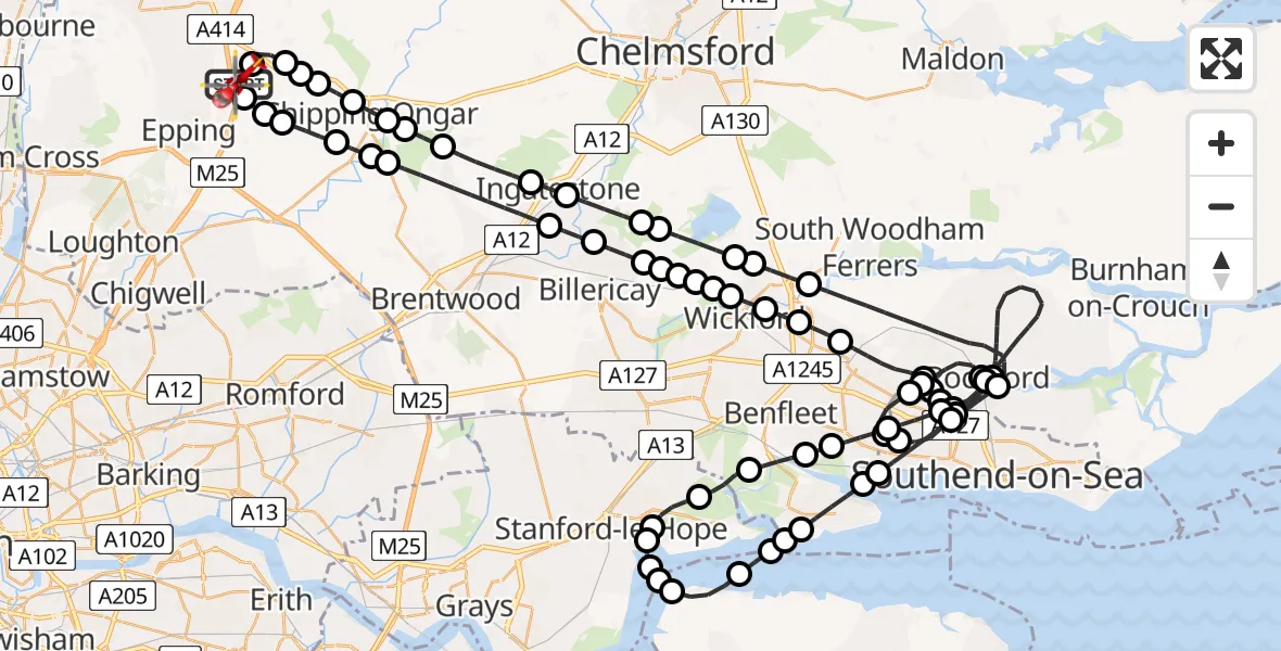 Flight path map showing Air Ambulance Helicopter route from North Weald Airfield to North Weald Airfield