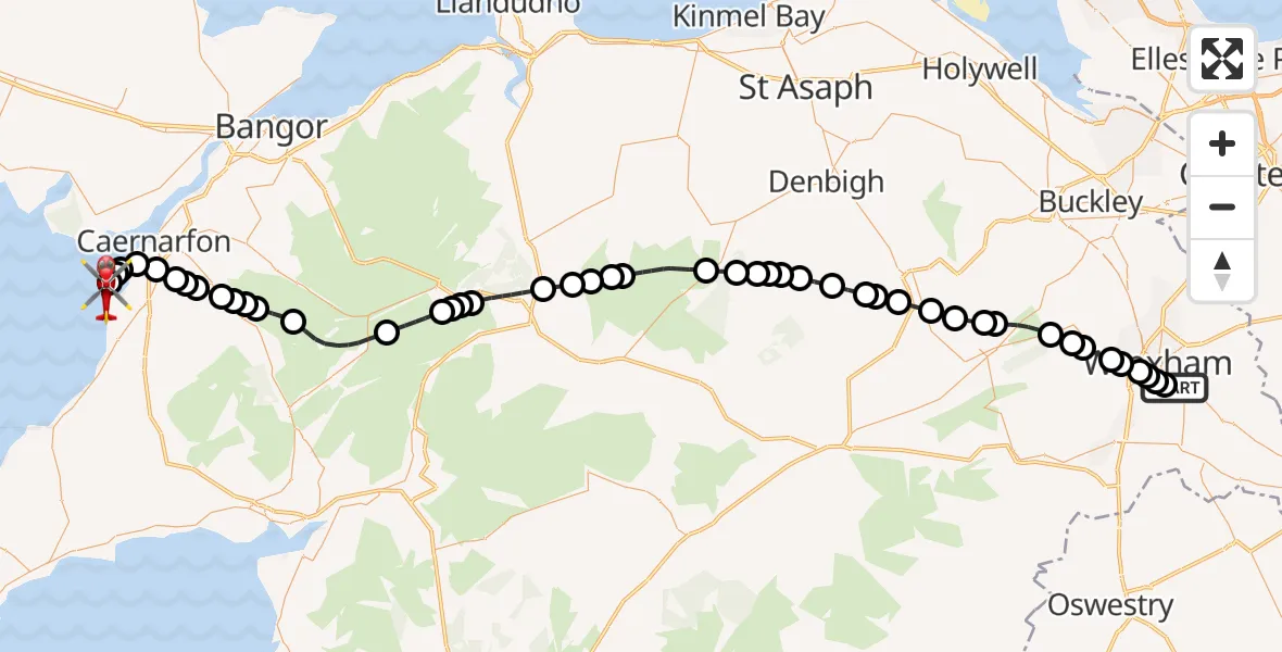 Flight path map showing Air Ambulance Helicopter route from Marchwiel to Caernarfon Airport