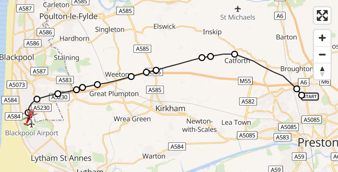 Flight path map showing Air Ambulance Helicopter route from Royal Preston to Blackpool Airport