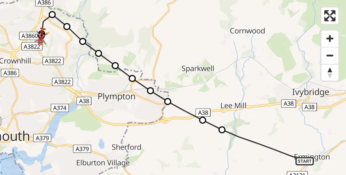 Flight path map showing Air Ambulance Helicopter route from Ermington to Derriford Hospital