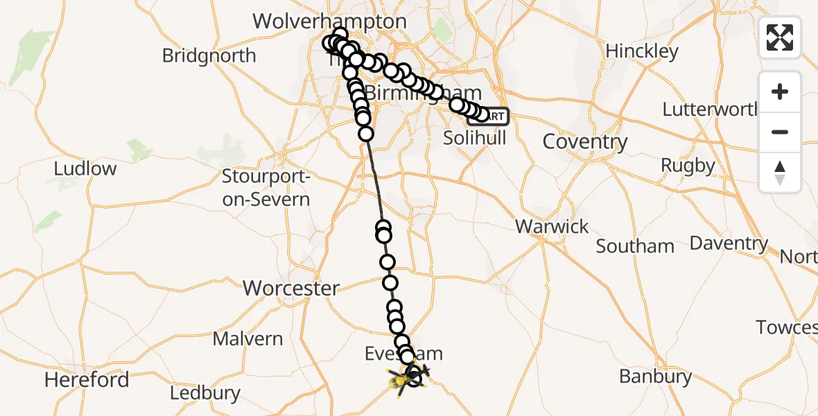 Flight path map showing Police Helicopter route from Birmingham Airport to Childswickham