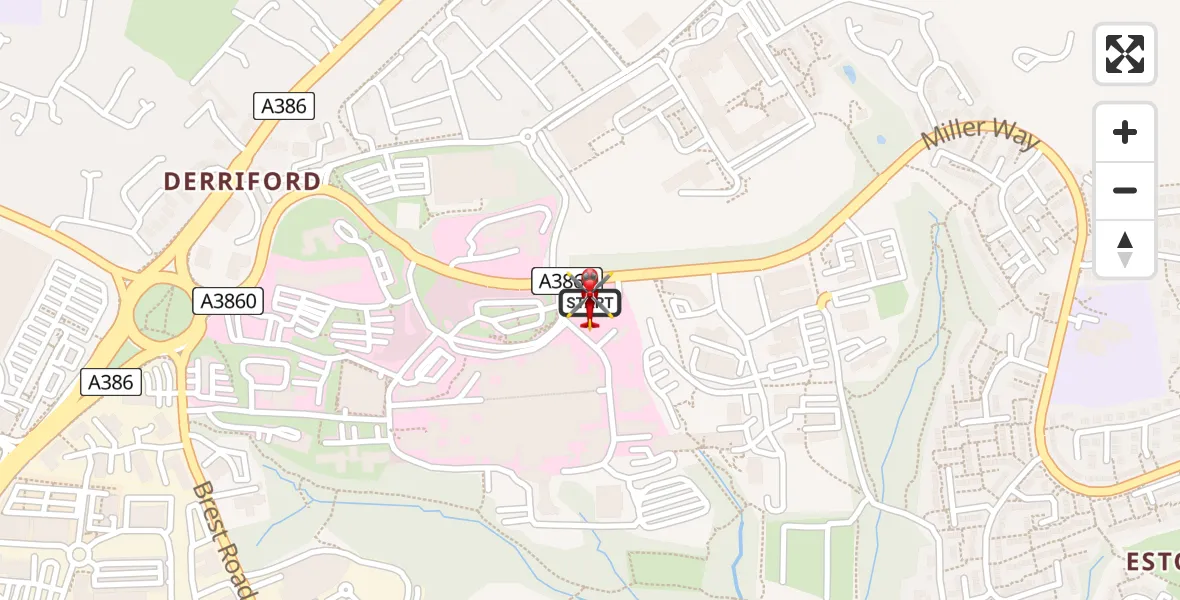Flight path map showing Air Ambulance Helicopter route from Derriford Hospital to Derriford Hospital