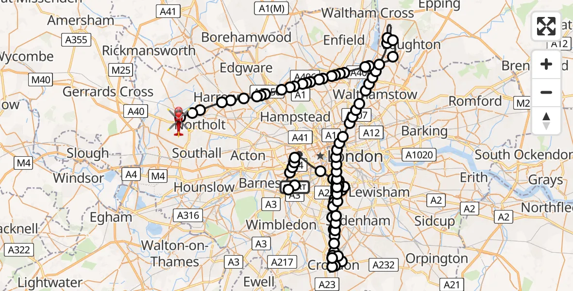 Flight path map showing Air Ambulance Helicopter route from London Heliport to RAF Northolt