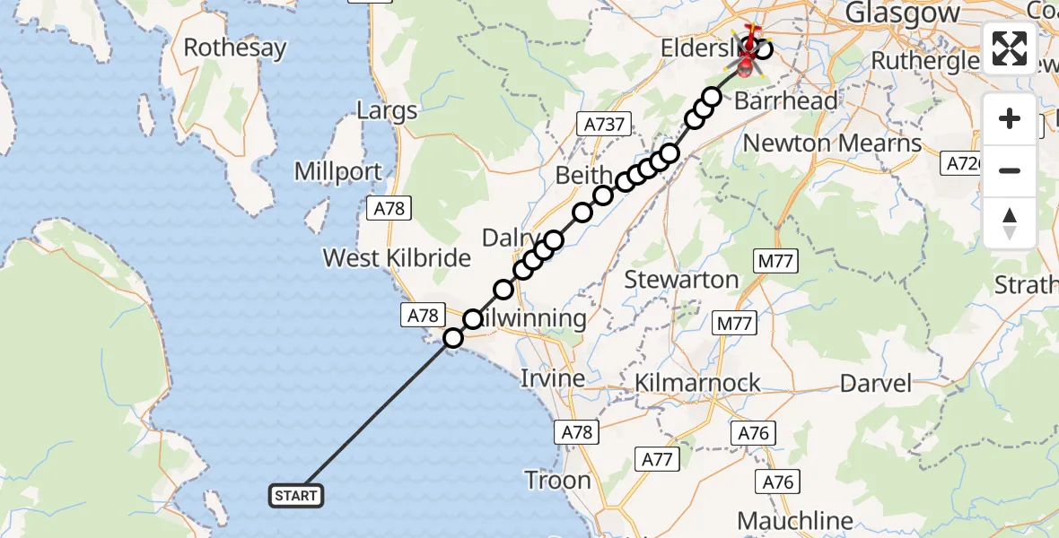 Flight path map showing Air Ambulance Helicopter route from Inner Seas to Royal Alexandria Hospital Paisley