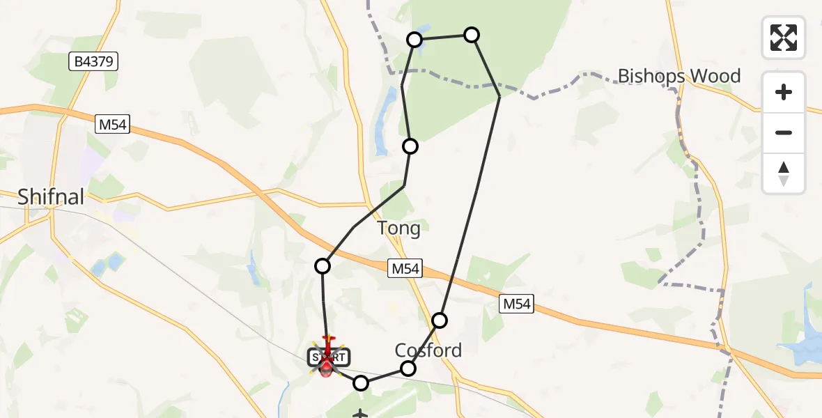 Flight path map showing Air Ambulance Helicopter route from RAF Cosford to Cosford