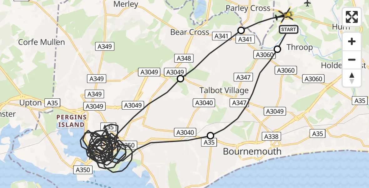 Flight path map showing Police Helicopter route from Bournemouth Airport to Bournemouth Airport