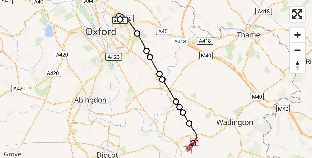 Flight path map showing Air Ambulance Helicopter route from John Radcliffe Hospital to RAF Benson