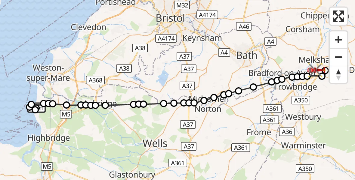 Flight path map showing Air Ambulance Helicopter route from Berrow to Melksham