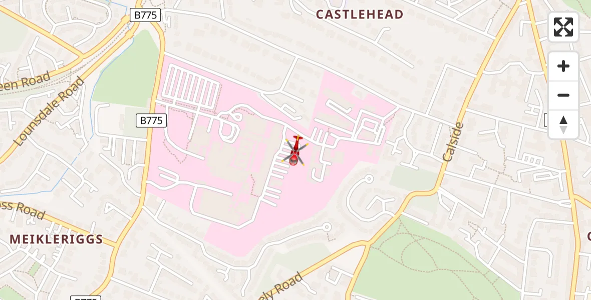 Flight path map showing Air Ambulance Helicopter route from Royal Alexandria Hospital Paisley to Royal Alexandria Hospital Paisley