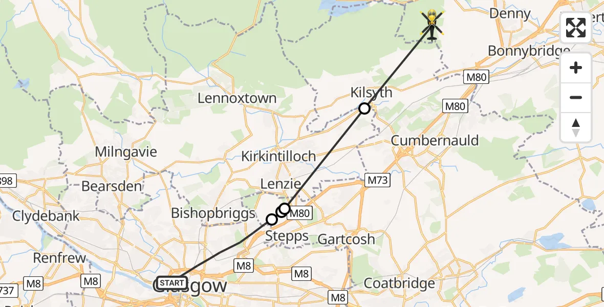 Flight path map showing Police Helicopter route from Glasgow to Falkirk
