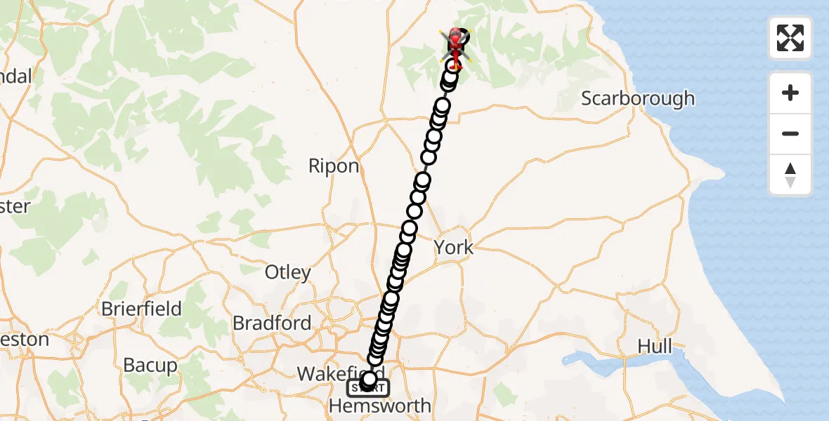 Flight path map showing Air Ambulance Helicopter route from YAA Nostell Helicopter Port to Bransdale