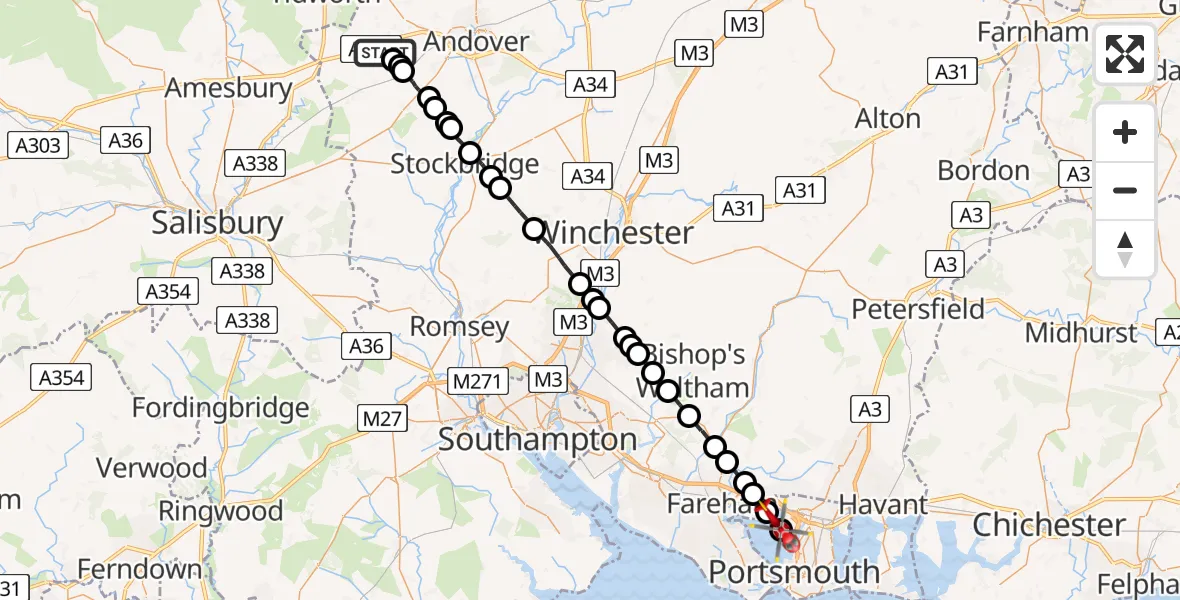 Flight path map showing Air Ambulance Helicopter route from Thruxton to Fareham