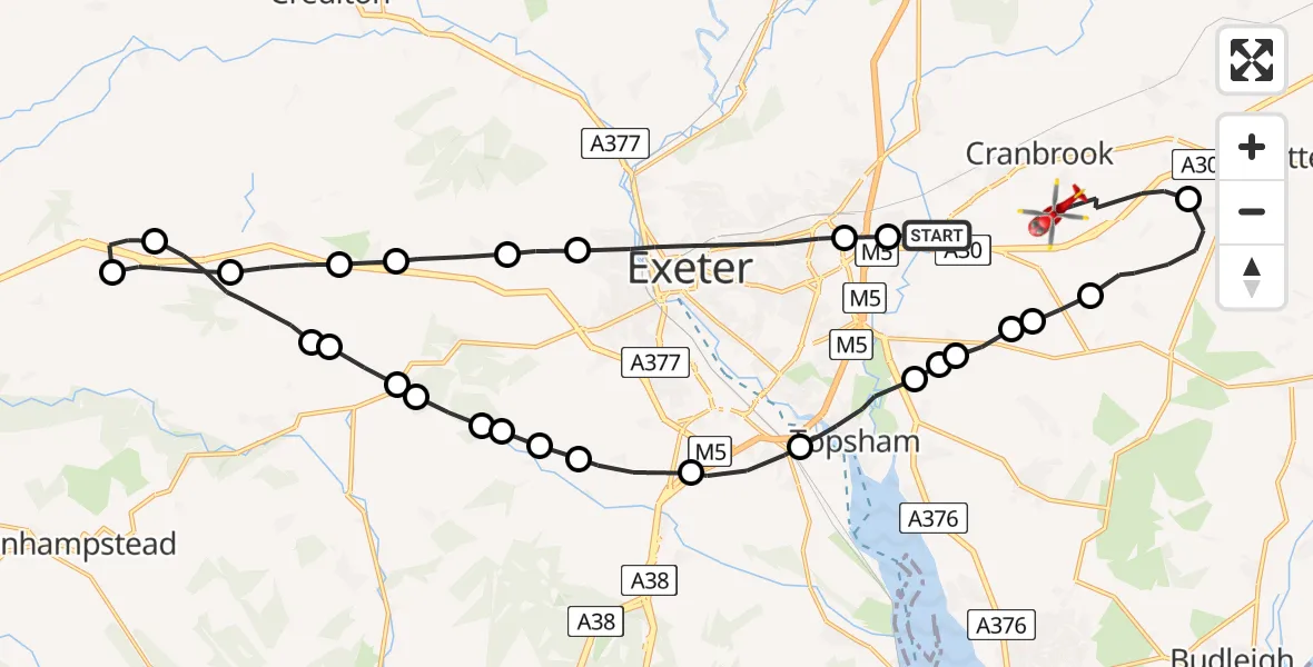 Flight path map showing Air Ambulance Helicopter route from Clyst Honiton to Rockbeare