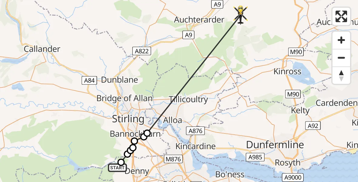 Flight path map showing Police Helicopter route from Fankerton to Dunning