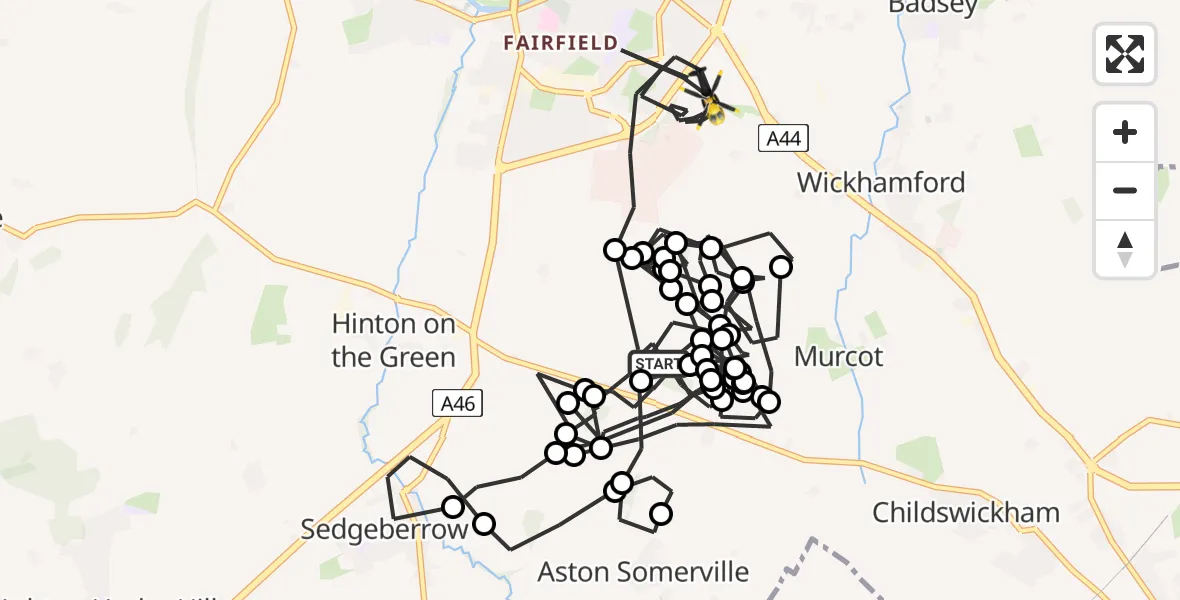 Flight path map showing Police Helicopter route from Childswickham to Evesham