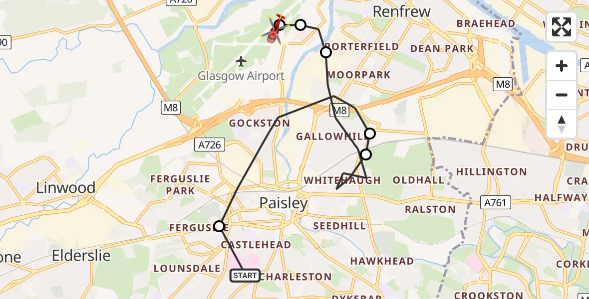 Flight path map showing Air Ambulance Helicopter route from Royal Alexandria Hospital Paisley to Glasgow Airport