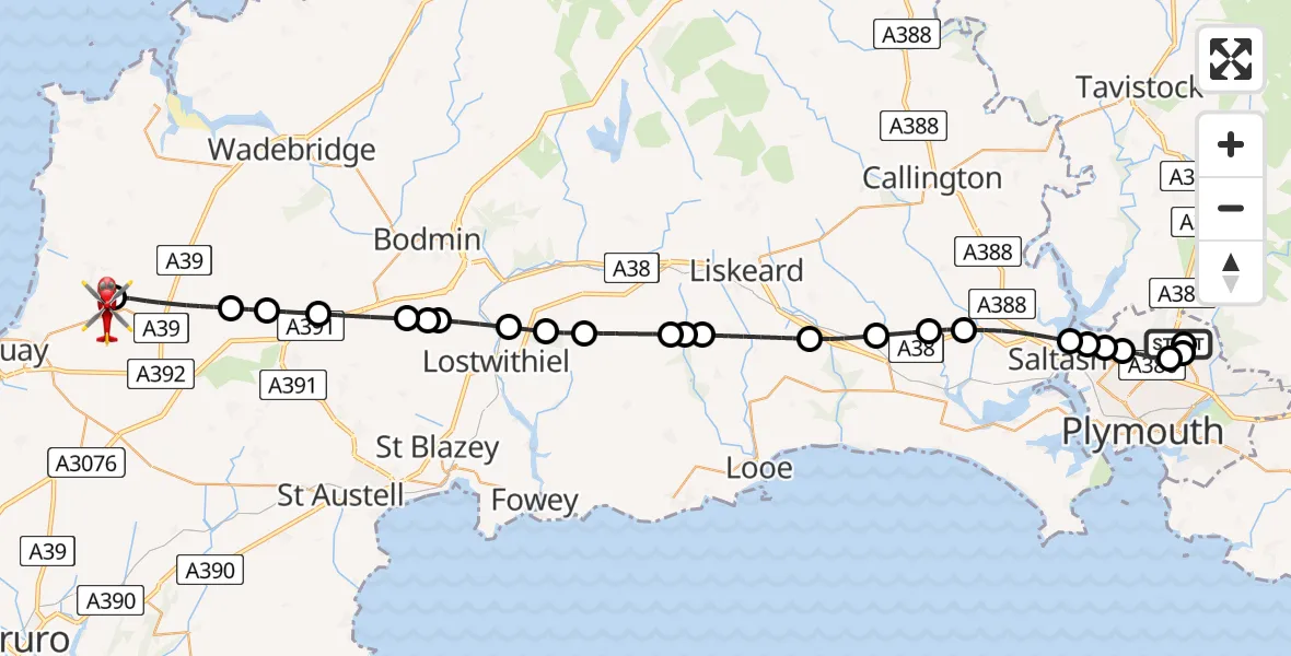Flight path map showing Air Ambulance Helicopter route from Derriford Hospital to Cornwall Airport Newquay
