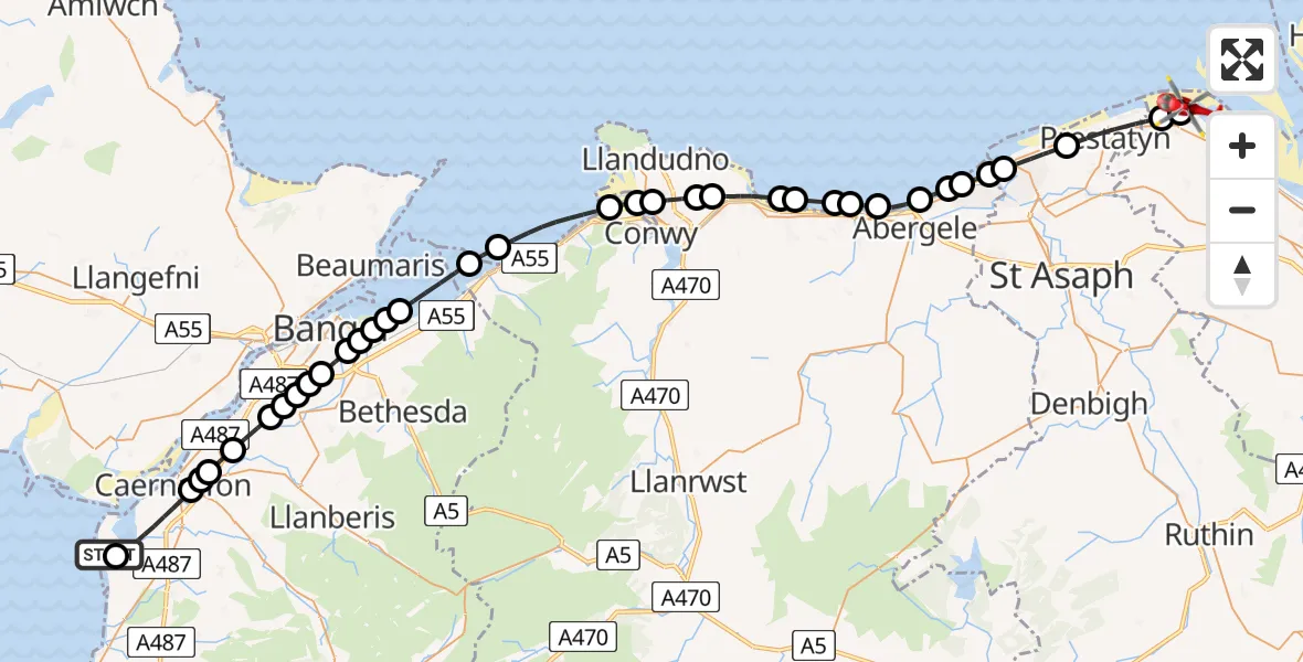 Flight path map showing Air Ambulance Helicopter route from Caernarfon Airport to Talacre