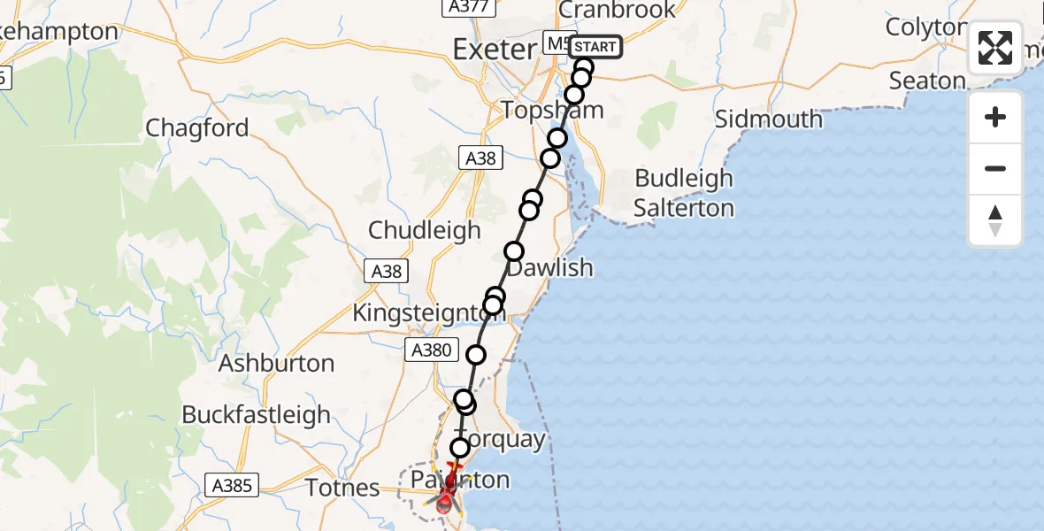 Flight path map showing Air Ambulance Helicopter route from Exeter International Airport to Paignton