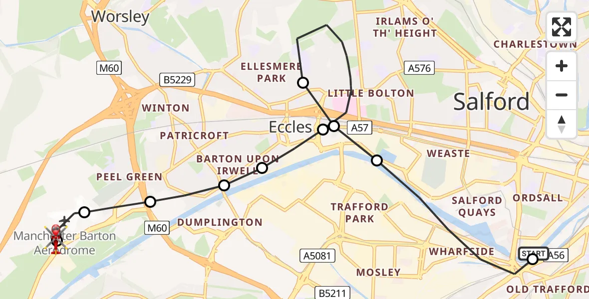 Flight path map showing Air Ambulance Helicopter route from Ordsall to Irlam