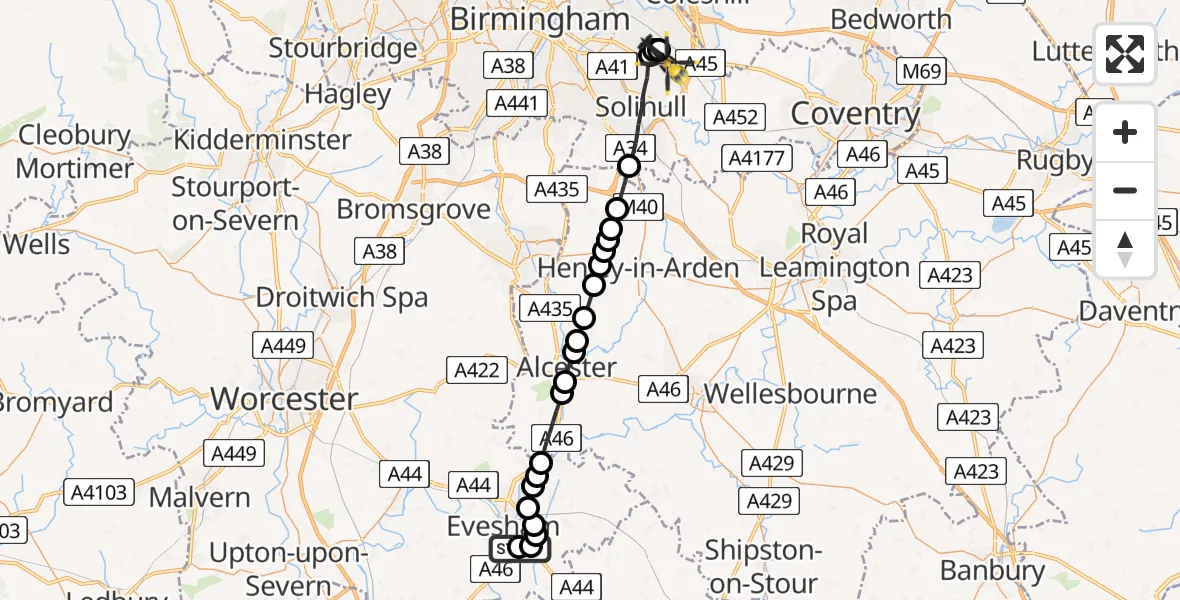 Flight path map showing Police Helicopter route from Evesham to Solihull