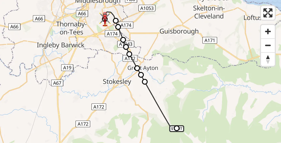 Flight path map showing Air Ambulance Helicopter route from Farndale West to James Cook University Hospital