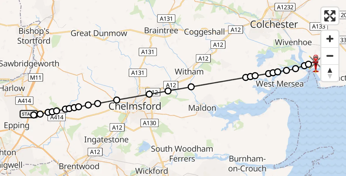 Flight path map showing Air Ambulance Helicopter route from North Weald Airfield to Brightlingsea
