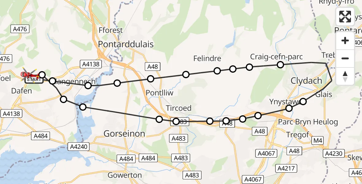 Flight path map showing Air Ambulance Helicopter route from Dafen to Dafen