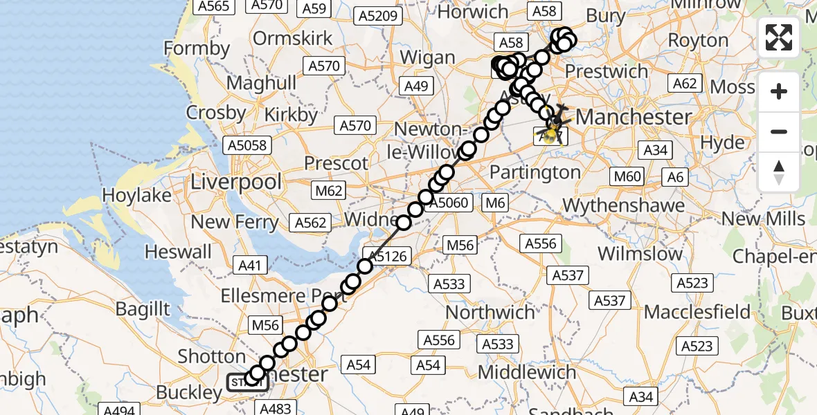 Flight path map showing Police Helicopter route from Hawarden Airport to Manchester Barton Aerodrome