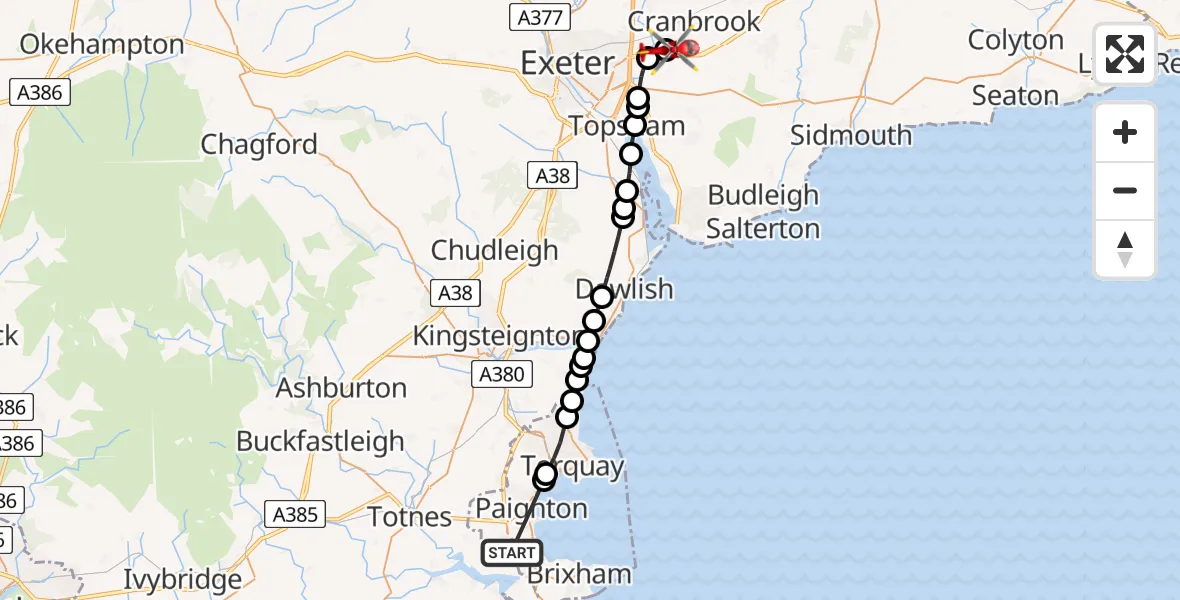 Flight path map showing Air Ambulance Helicopter route from South Hams to Exeter International Airport