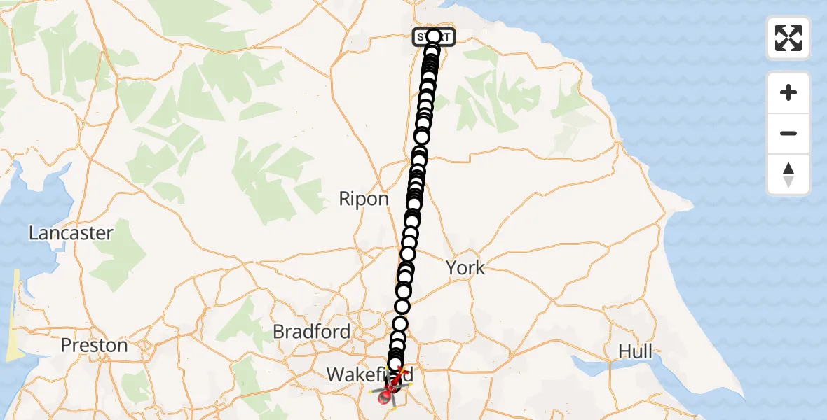 Flight path map showing Air Ambulance Helicopter route from James Cook University Hospital to YAA Nostell Helicopter Port