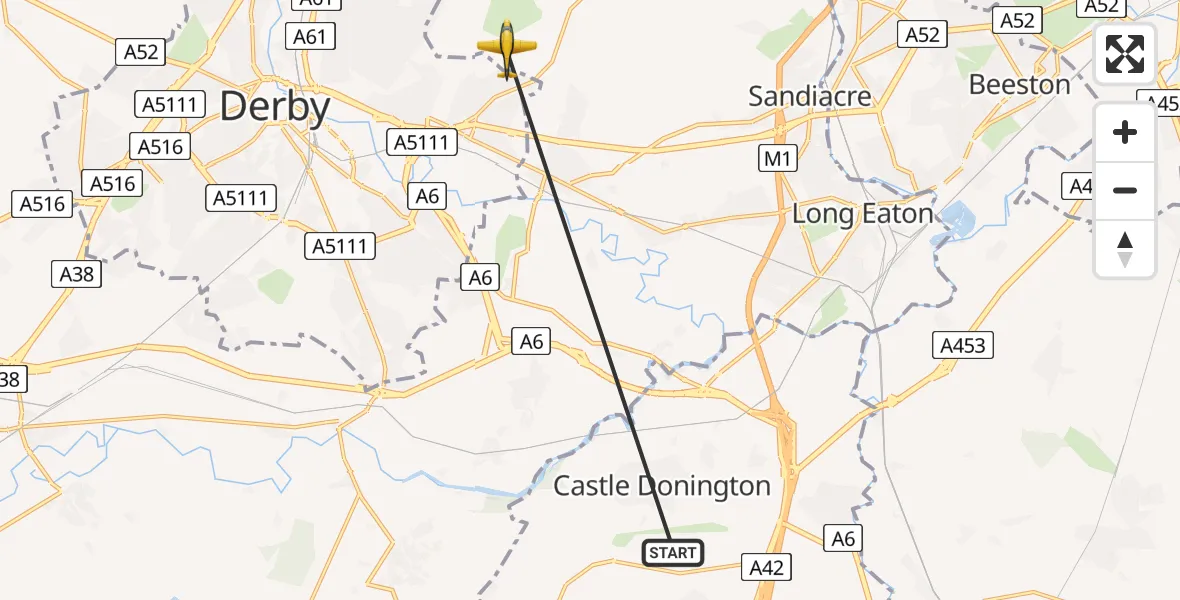Flight path map showing Police Aircraft route from East Midlands Airport to Spondon