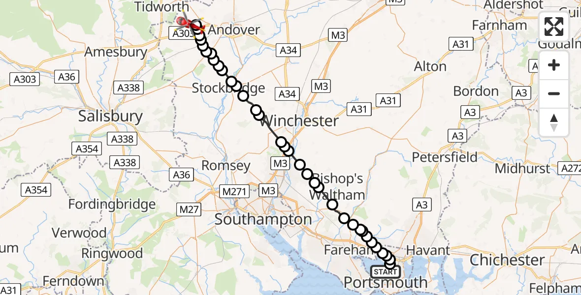 Flight path map showing Air Ambulance Helicopter route from Tipner to Fyfield