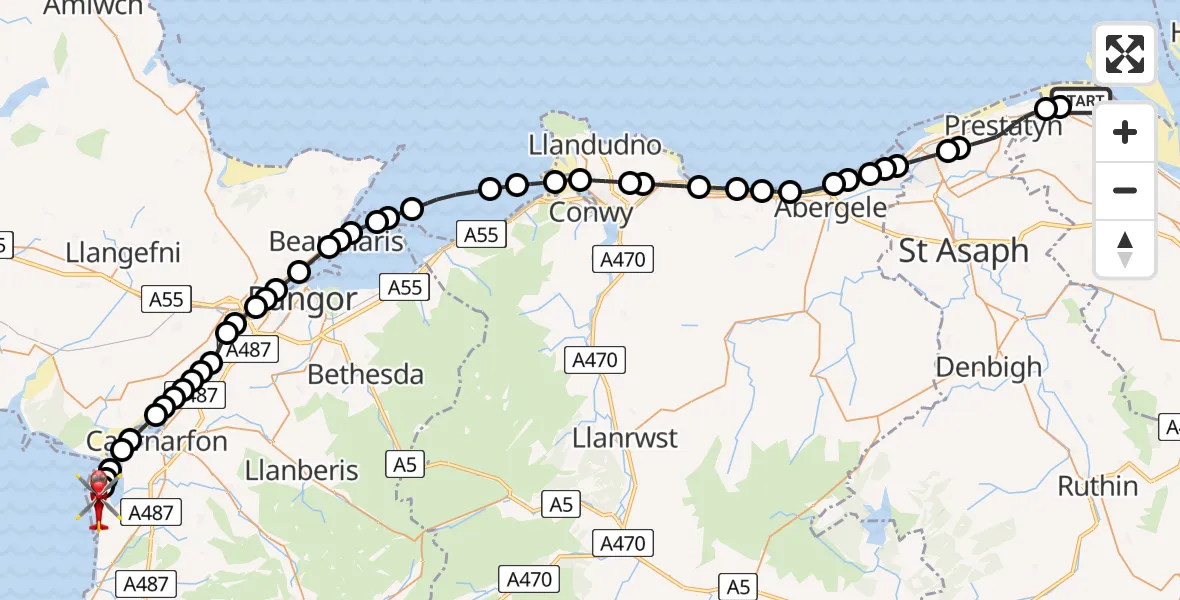 Flight path map showing Air Ambulance Helicopter route from Talacre to Caernarfon Airport