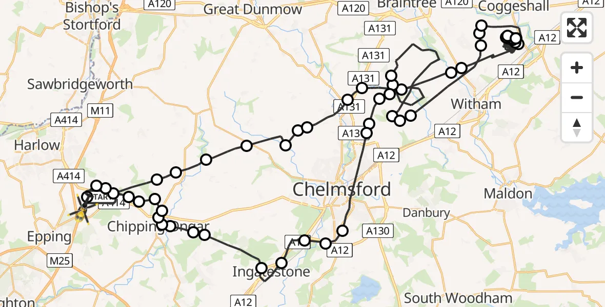 Flight path map showing Police Helicopter route from North Weald Bassett to North Weald Airfield