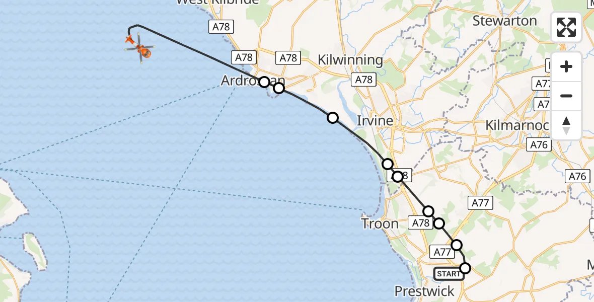 Flight path map showing Coastguard Helicopter route from Glasgow Prestwick Airport to Inner Seas