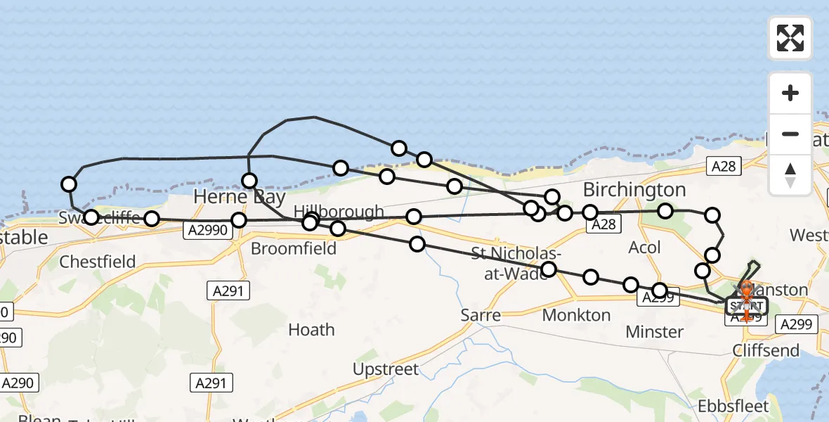 Flight path map showing Coastguard Helicopter route from Manston Airport to Manston Airport