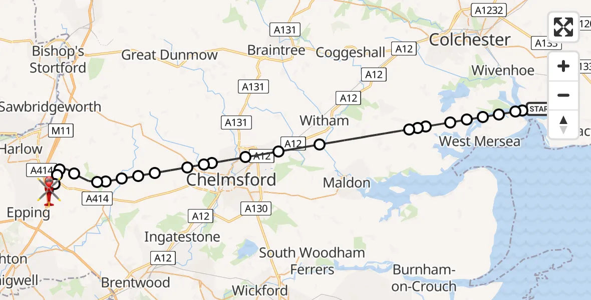 Flight path map showing Air Ambulance Helicopter route from Brightlingsea to North Weald Airfield