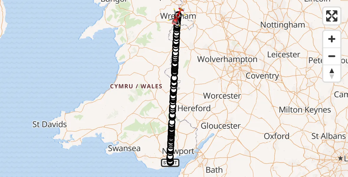 Flight path map showing Air Ambulance Helicopter route from Cardiff Heliport to Felin Puleston