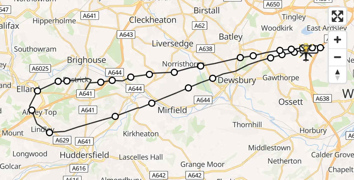 Flight path map showing Police Helicopter route from Woodkirk to Woodkirk