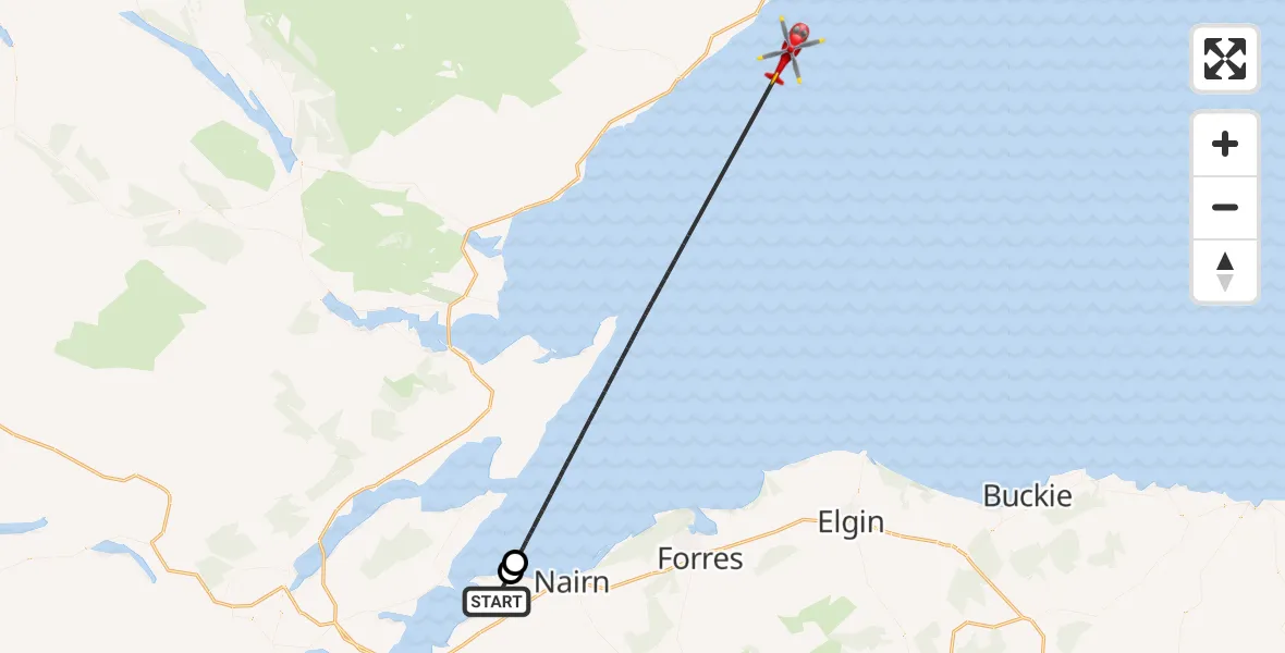 Flight path map showing Air Ambulance Helicopter route from Ardersier to North Sea