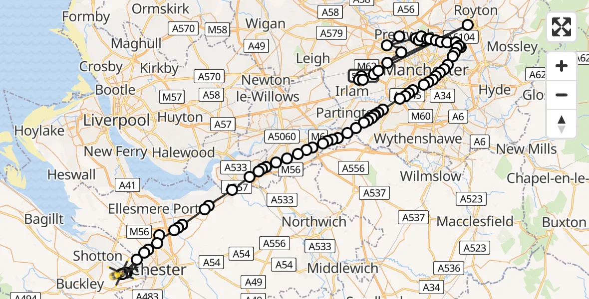 Flight path map showing Police Helicopter route from Manchester Barton Aerodrome to Hawarden Airport