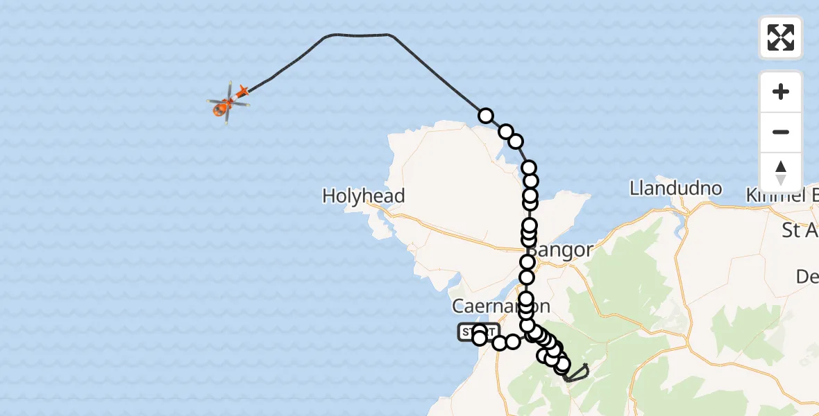 Flight path map showing Coastguard Helicopter route from Caernarfon Airport to Irish Sea