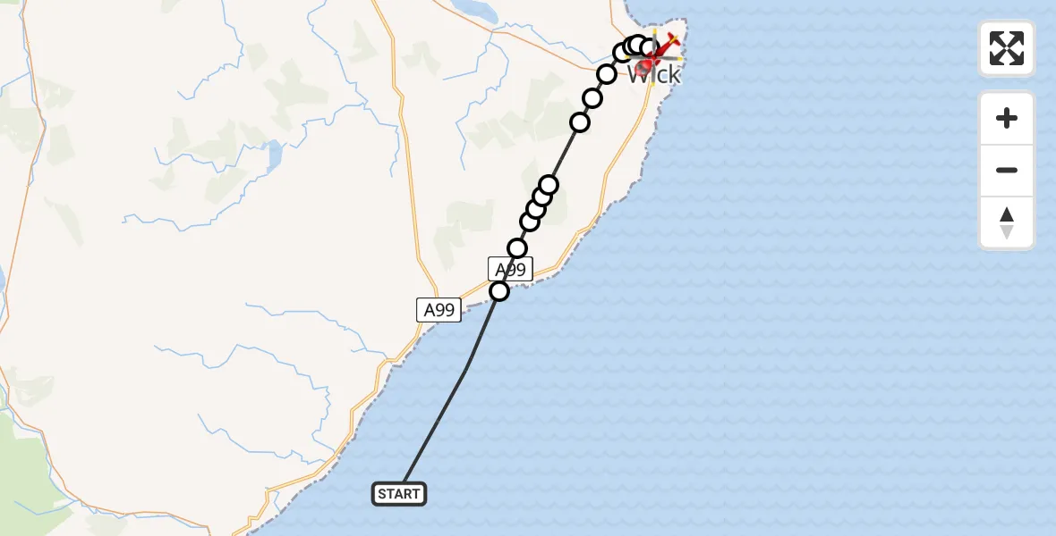 Flight path map showing Air Ambulance Helicopter route from North Sea to Wick John O'Groats Airport